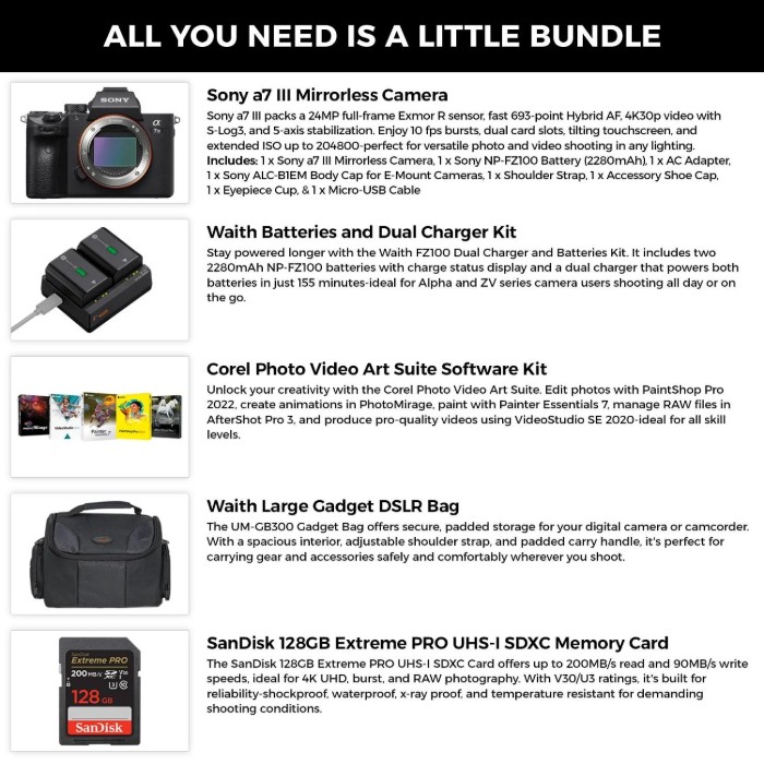 Picture of Sony A7 III Full-Frame Mirrorless Camera + Corel Software + 128GB SDXC Kit (Brand New)